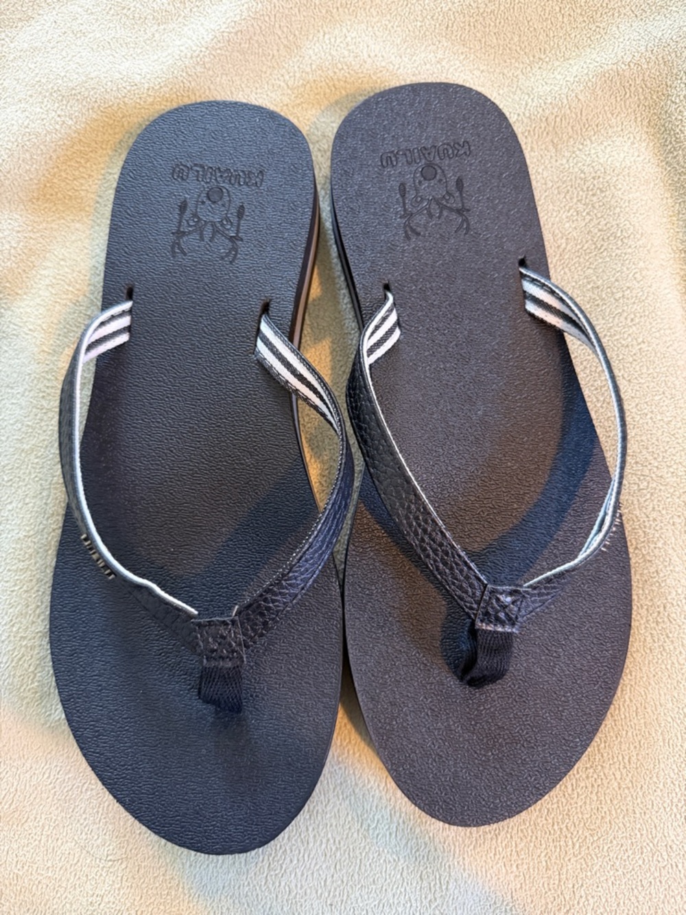 Black Flip Flop Sandals with Striped Accent Straps